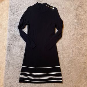 Ann Taylor Women's Small Petite Black White Stripe Mock Neck Sweater Dress Gold